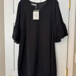Belongsci Black Crepe Shift Dress Bell Sleeve Ruffle Accent Size XXL NWT